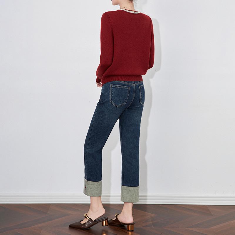 Nanyou Embroidered Velvet Cuff Slim Straight Jeans - Women's Winter Style