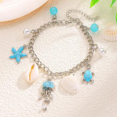Ozeaninspiriertes Fußkettchen mit Quallen-, Schildkrötenpanzer- und Seestern-Anhängern, wasserdicht, längenverstellbar, elegantes Strandaccessoire