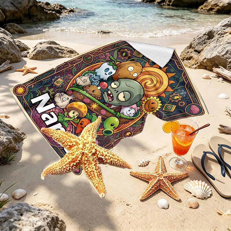 Custom Name Personalized Plants VS Zombies Print Beach Towel, for Trip Camping Beach Party Home Decor, Birthday Gift for Family & Friends