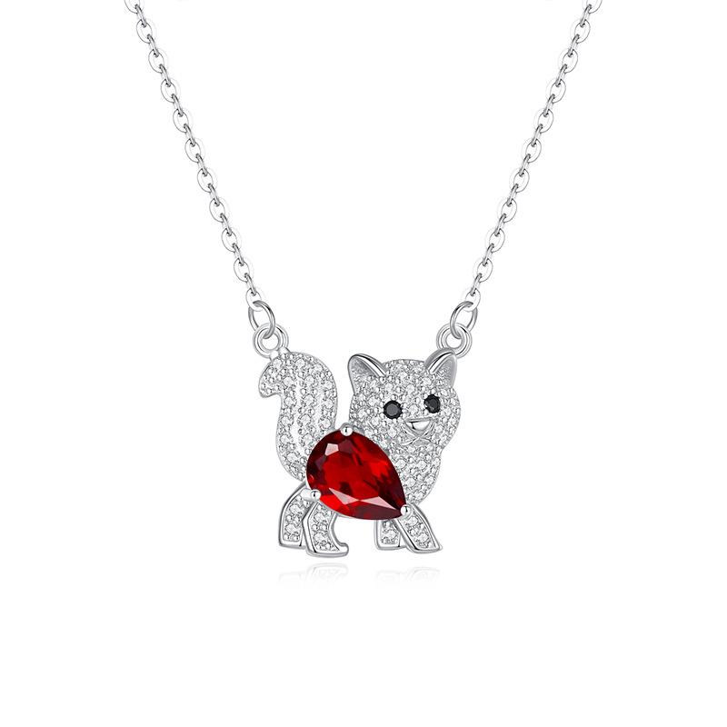 S925 Silver Cat Pendant Necklace Natural Crystal Choker Chain for Women