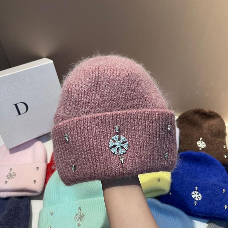 Winter Warm Knit Hat Rabbit Fur Faux Snowflake Rhinestone Earflap Beanie Fashionable Soft
