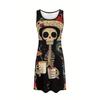 Women'S Gothic Punk Casual Dress Round Neck Sleeveless A-Line Midi Dress with 3D Skull Mushroom Print Woman Clothing Y2k Clothes
