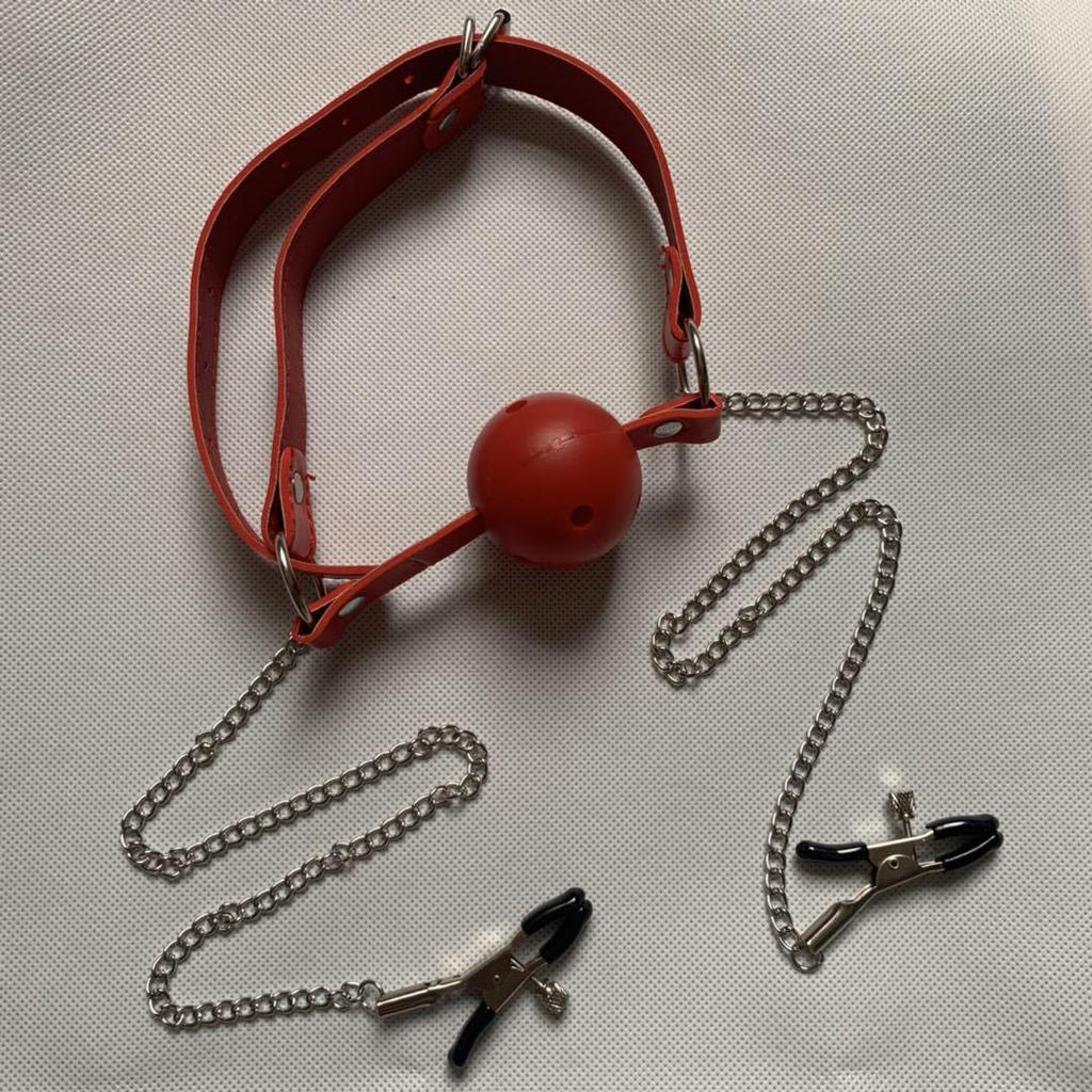 Bondage Set: Handcuffs, Nipple Clamps, Neck Collar, and Mouth Gag