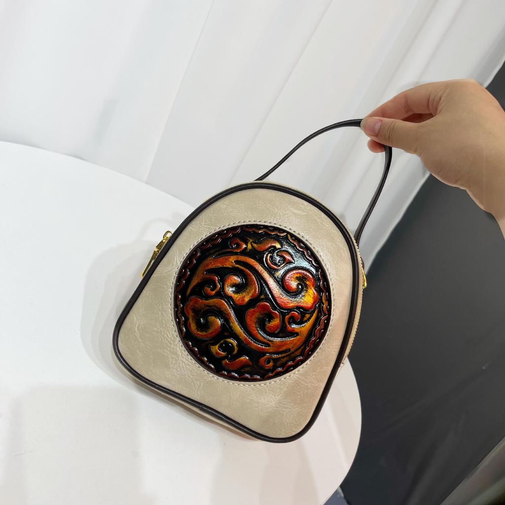 Ethnic Vintage Round Crossbody - Hand Embossed Ladies Shoulder Bag Minimalist Texture Commuter Large Capacity Handbag