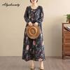 Plus Size Spring Autumn Women Baggy Dress O Neck Floral Print Vintage Oversized Dress Long Sleeve Retro Midi Cotton Dress