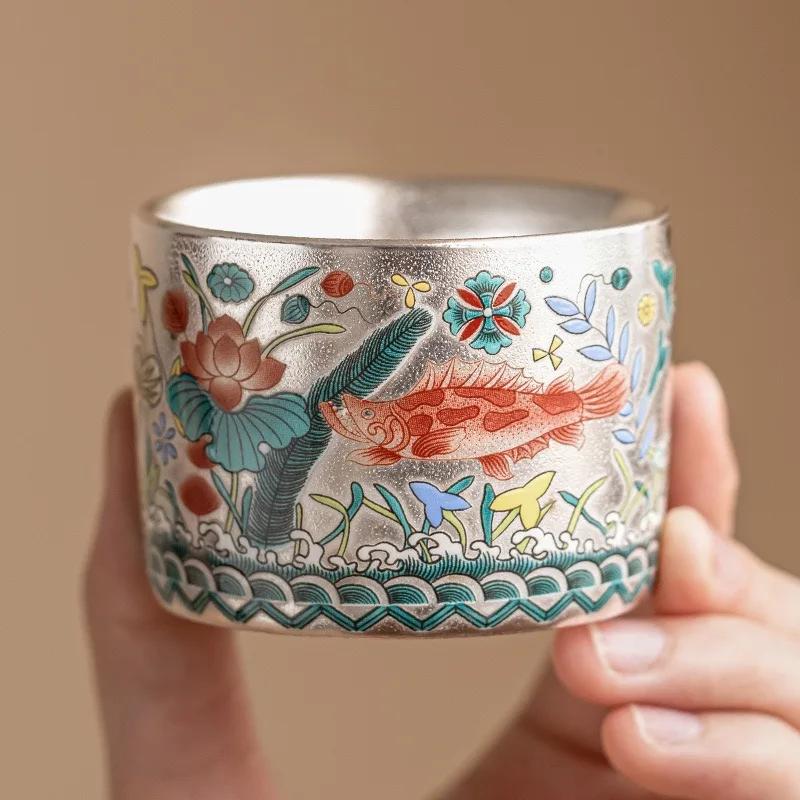 Fish Play Lotus Pond Straight Cup High-grade Hand-painted 999 Silver Master Cup Chinese Traditional Lotus Pond Map Teacup Gifts