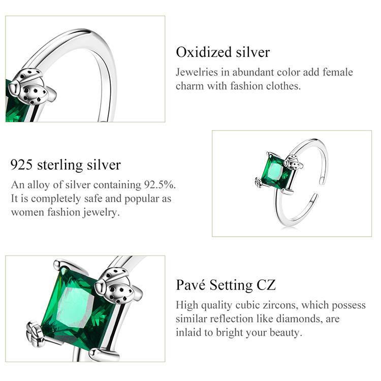Bamoer 925 Sterling Silver Delicate Green Zircon Adjustable Ring for Women Fine Jewelry