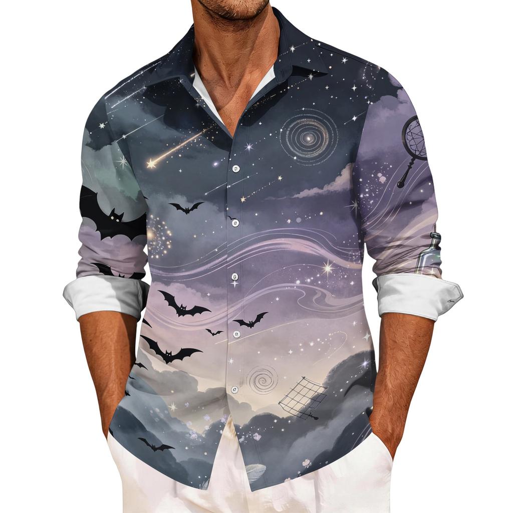 Men's Casual Long Sleeve Halloween Print Button Down Shirt Relaxed Fit Lightweight Breathable Fabric Comfortable Daily Wear