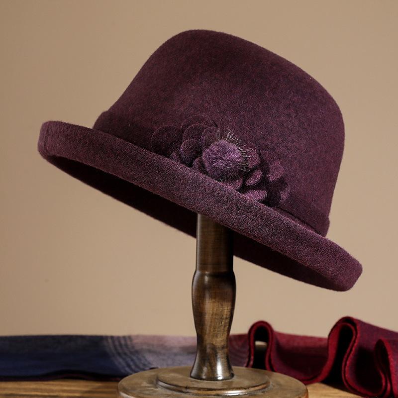 

Hat lady autumn and winter new wool top hat elegant flower crimped basin hat wool fashion warm bucket hat One Size темно-фіолетовий колір