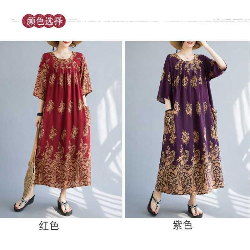 Neue Große Größe Literarischer Rundhals Locker Blumencover Fleisch Dünne Kleider