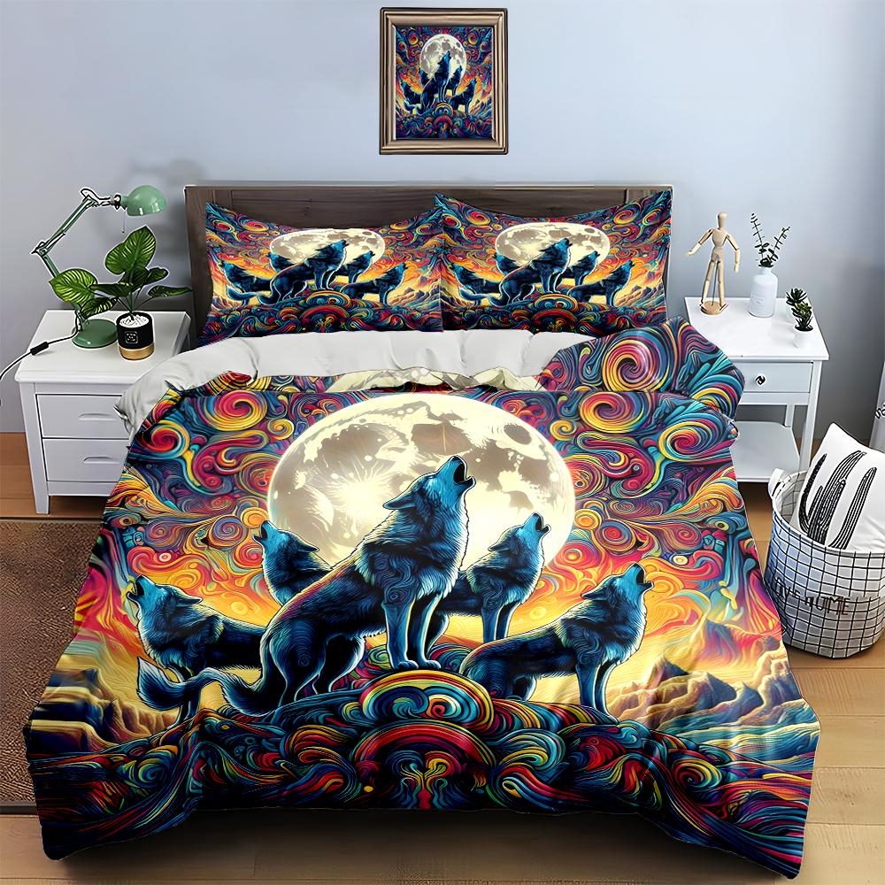 "Colorful wolf moon" Bedding Duvet cover sets Duvet covers Pillowcases gifts (1 * Duvet Cover 2 * Pillowcases, without duvet insert)