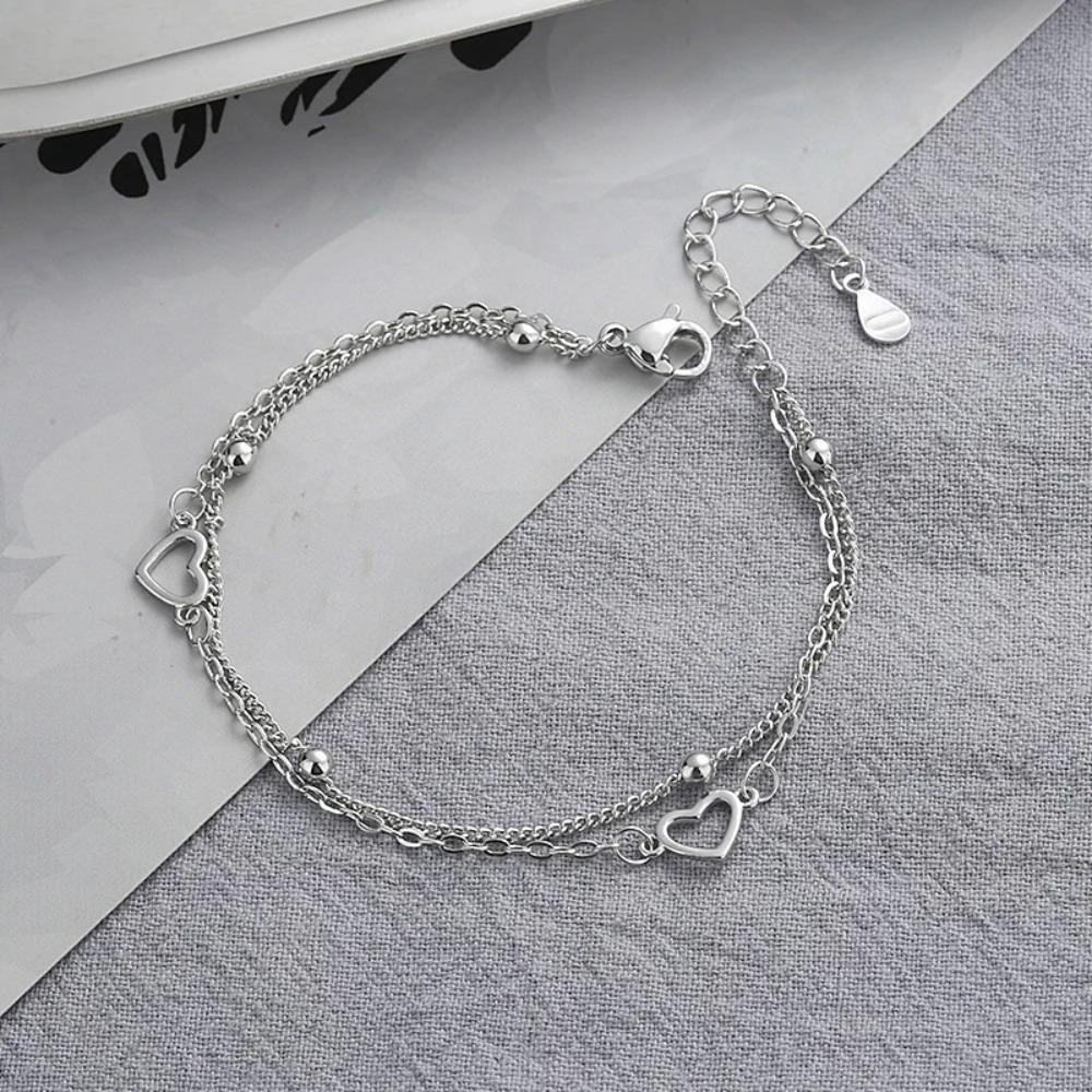 925 Silver Double Love Heart Hollow Beads Bracelet Adjustable Romantic Jewelry for Women Fashion Classic