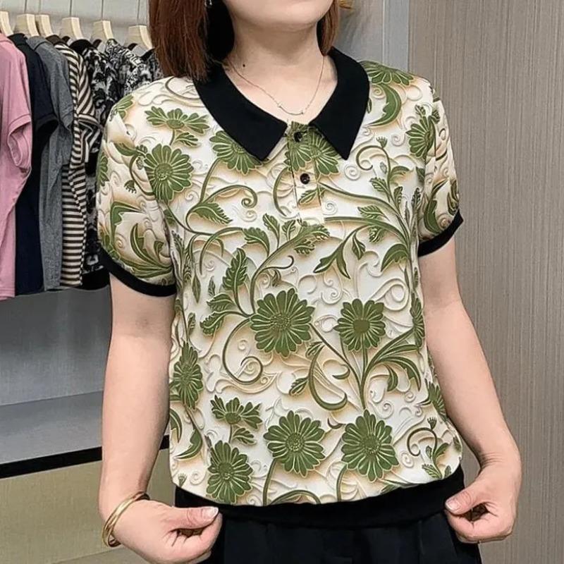 

High-end Short-sleeved T-shirt for Women Summer New Striped Top Lapel T-shirt Trendy 4XL зелений