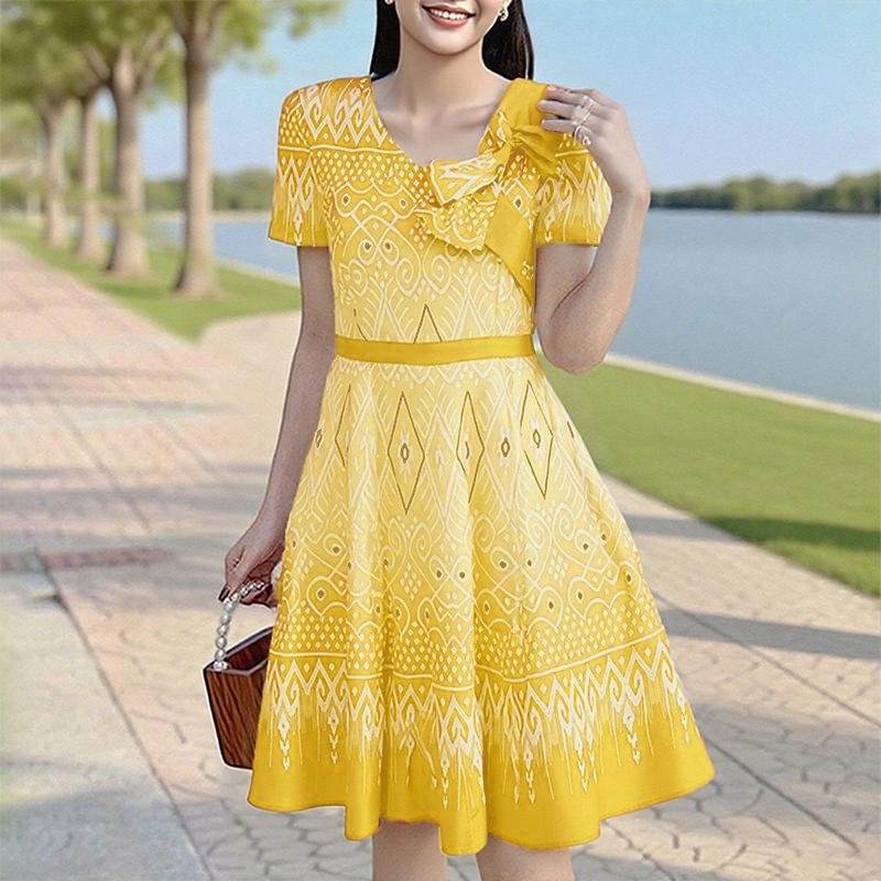 ZANZEA Kobiety Casualowy Letni Sukienka z Krótkim Rękawem i Nadrukiem z Dekoltem w Serek