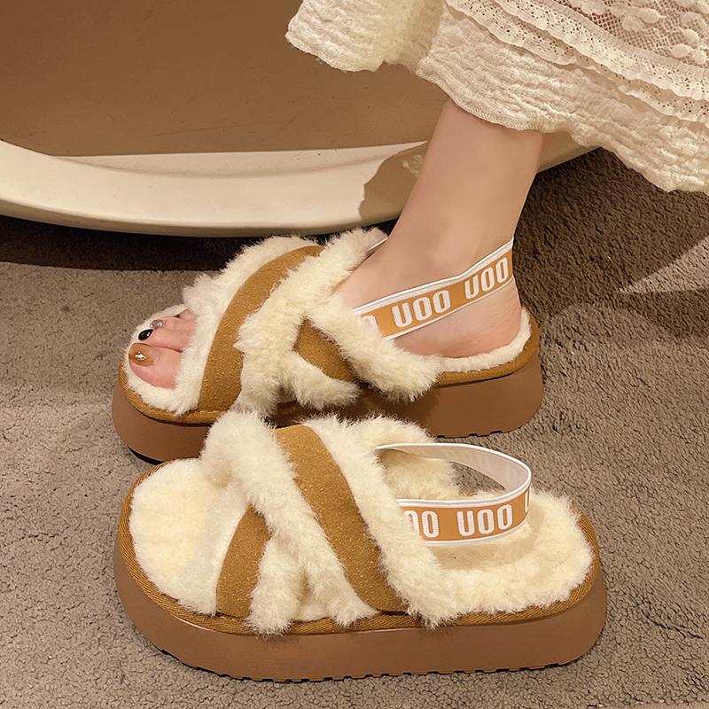 Fashion Winter New Platform Slippers Women's Fashion Suede Plus Hair Open-toe Anti-slip Wear-resistant Flat Shoes