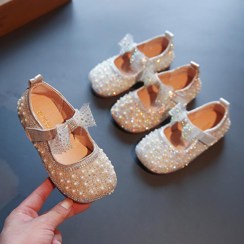 Princess Girls Flat Dress Shoes Pearl Beading Shining Bling Bling Shoes Baby Soft Lightweight Spring Single Casual Moccasins