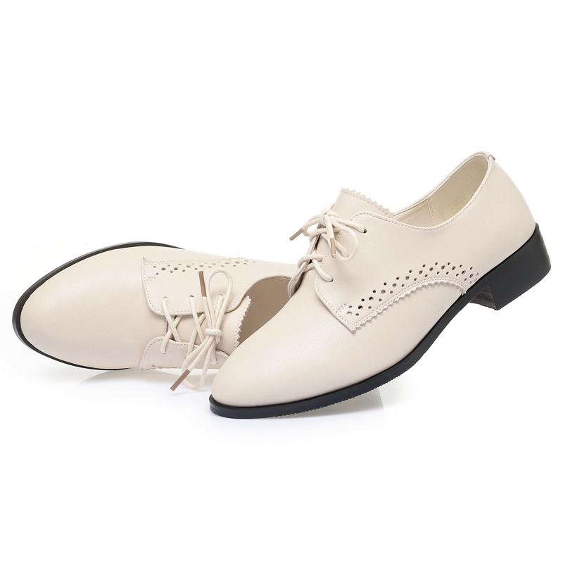 Women Autumn Shoes Genuine Leather Mid Heel British Style Women Loafers Large Size Lace-up Women Shoes