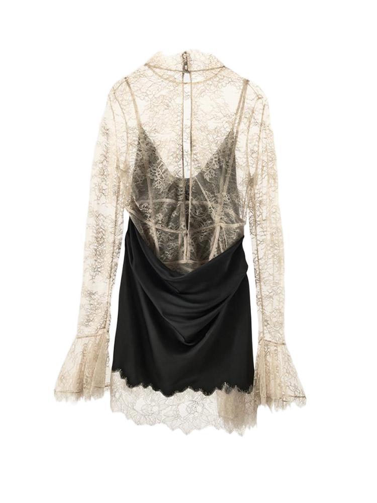 Women's Lace Patchwork Short Dress Ladies' Fashionable Floral Bud Cuff Dress Black 2025 New Collection