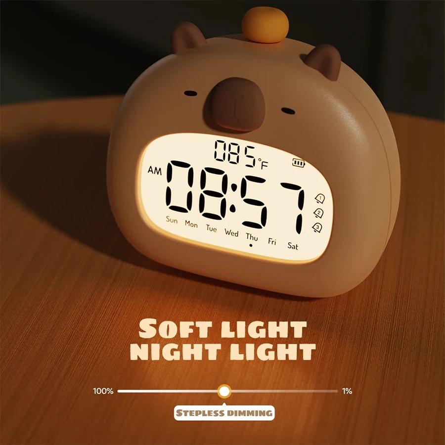 USB Rechargeable Capybara LED Alarm Clock Digital Multi-functional Timer Dimmable Light Bedside Table Lamp Kids Gift Room Decor