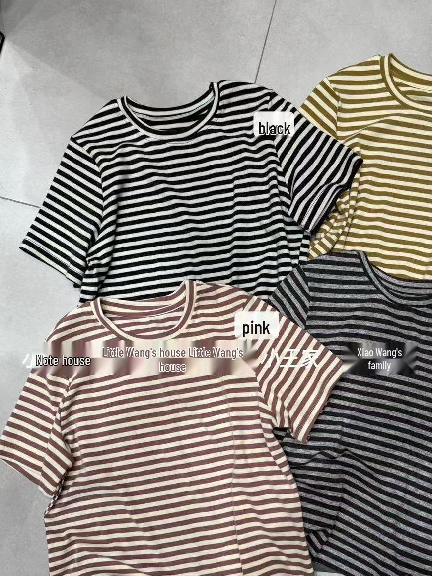 

Xiao Wang s Plus Size Casual Crew Neck Striped Tee - Spring/Summer Korean Style One Size чорний