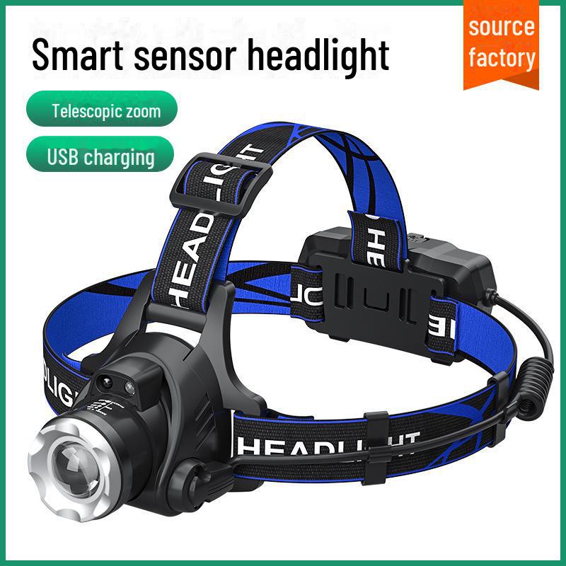 T6 LED Headlamp: Strong Light, Zoom, Induction, Ideal for Outdoor Use - Night Fishing and Mining.