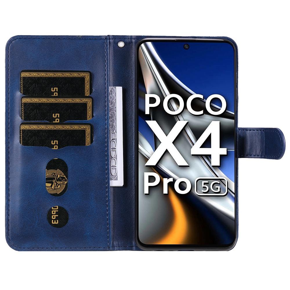 

For Xiaomi Poco X4 Pro 5G Zippered Pocket Cowhide PU Leather Wallet Phone Stand Shell Blue