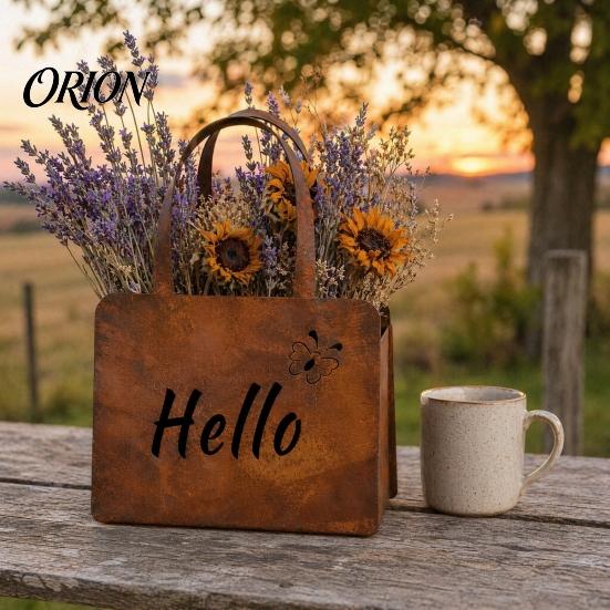 Útulný venkovní květináč Rustikální kovová kabelka s oboustrannými nápisy Hello a Welcome, Farmářský nástěnný květináč na sušené květiny, Vintage