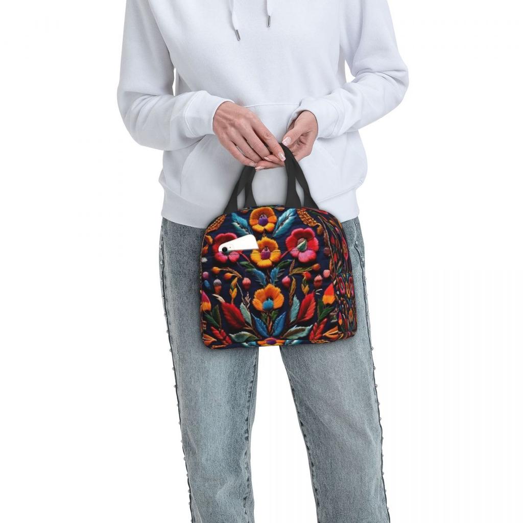 Mexican Embroidery Floral Insulated Lunch Bag for Women Children Leakproof Food Boxes Thermal Lunch Box Tote