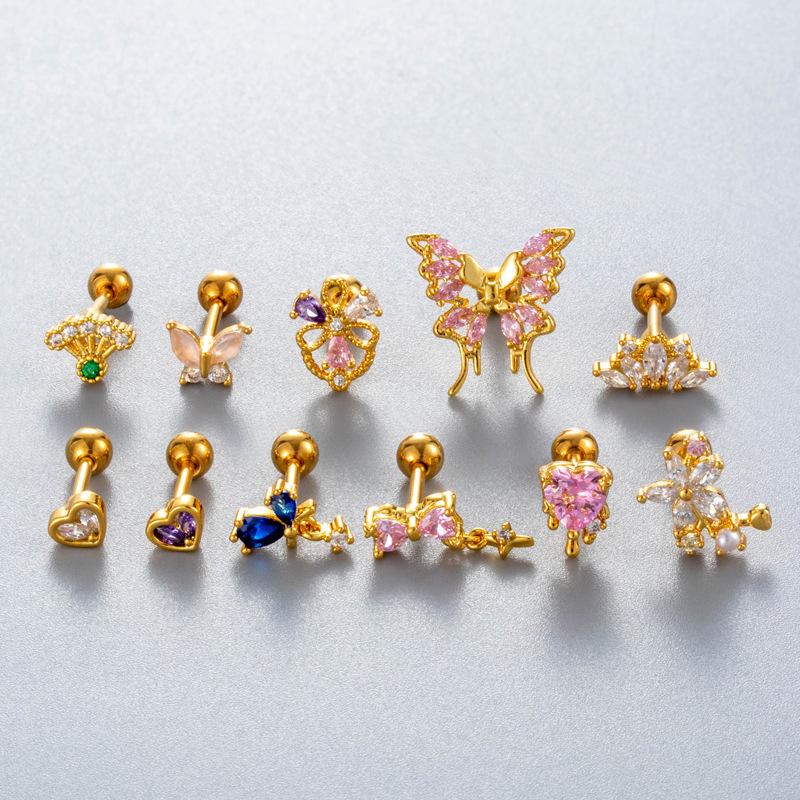 Henson Koppar Zirkon Blomma Hjärta Fjäril Rostfritt Stål Broskpiercing