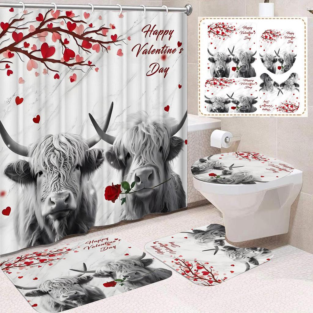 Cute Highland Cattle Printed Shower Curtain Waterproof Durable Polyester Bath Curtain For Home New Year Christmas Bathroom Decor