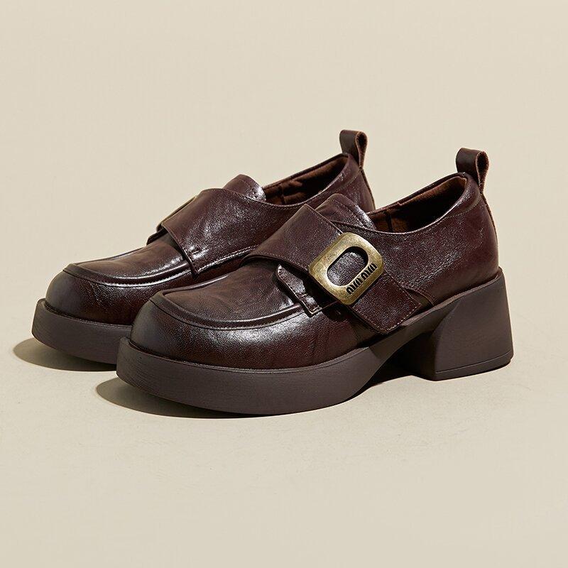 Internet celebrities with the same loafers women's Velcro 2025 autumn new thick-soled British style women's shoes thick heel loafers small leather sh