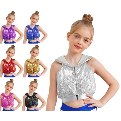Glitzerndes Pailletten Hip-Hop Jazz Top: Ärmelloses, rückenfreies Kapuzen-Crop-Top mit Frontreißverschluss für Bühnentanzkostüm