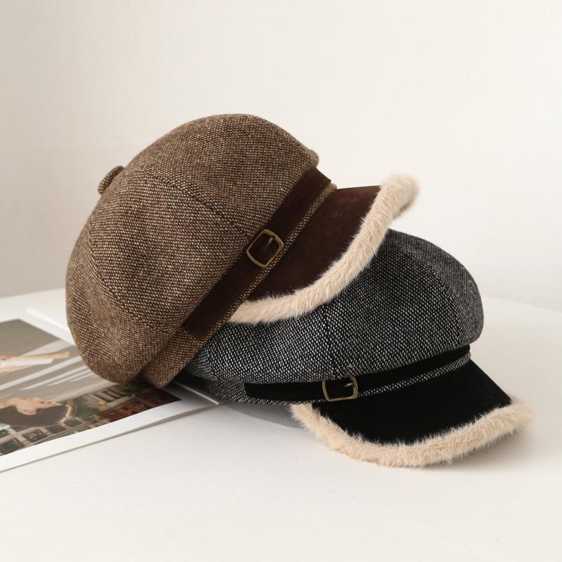 Octagon Hat Female Beret Autumn and Winter Style Fleece Warm Newsboy Hat Painter's Hat New Style