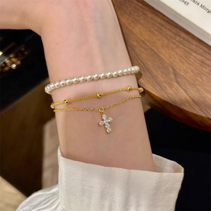 Fashion Gold Color Double Layers Crystal Cross Copper Chain Bracelet For Women Girls Adjustable Charm Bracelet Jewelry Gifts