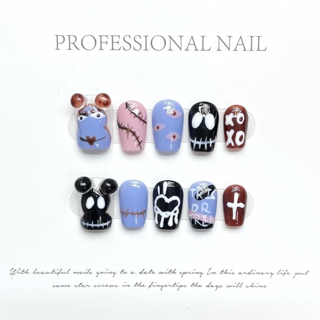 100% РУЧНАЯ РАБОТА трапециевидной формы гроба искусственный дизайн ногтей милый мультфильм расписанный вручную короткие странные ногти для фототерапии в виде мыши-призрака на Хэллоуин XS
