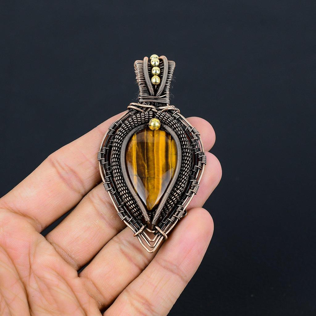 Tiger Eye Pendant, Handmade Gemstone 999 Copper Wire Wrapped Pendant Antique Jewelry, For Gift Silver Jewelry