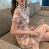 Sexy wind floral buckle improved version cheongsam dress high-end women's summer small slim split miniskirt