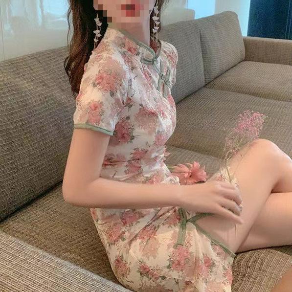 Sexy wind floral buckle improved version cheongsam dress high-end women's summer small slim split miniskirt