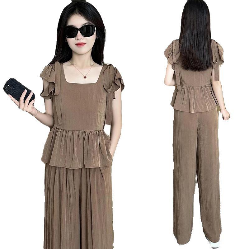 Ice Silk Plus Size Women's Summer 2024 Set: Stylish Loose Slimming Wide-Leg Pants Two-Piece.