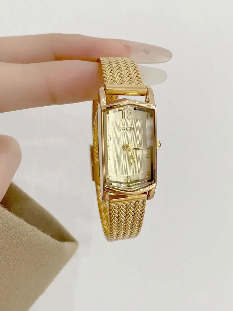 Vintage Gouden Dameshorloge Collectie Retro Rechthoekig Ovaal Wijzerplaat Luxe Metalen Armband Quartz Polshorloge Elegante Jurk Horloges