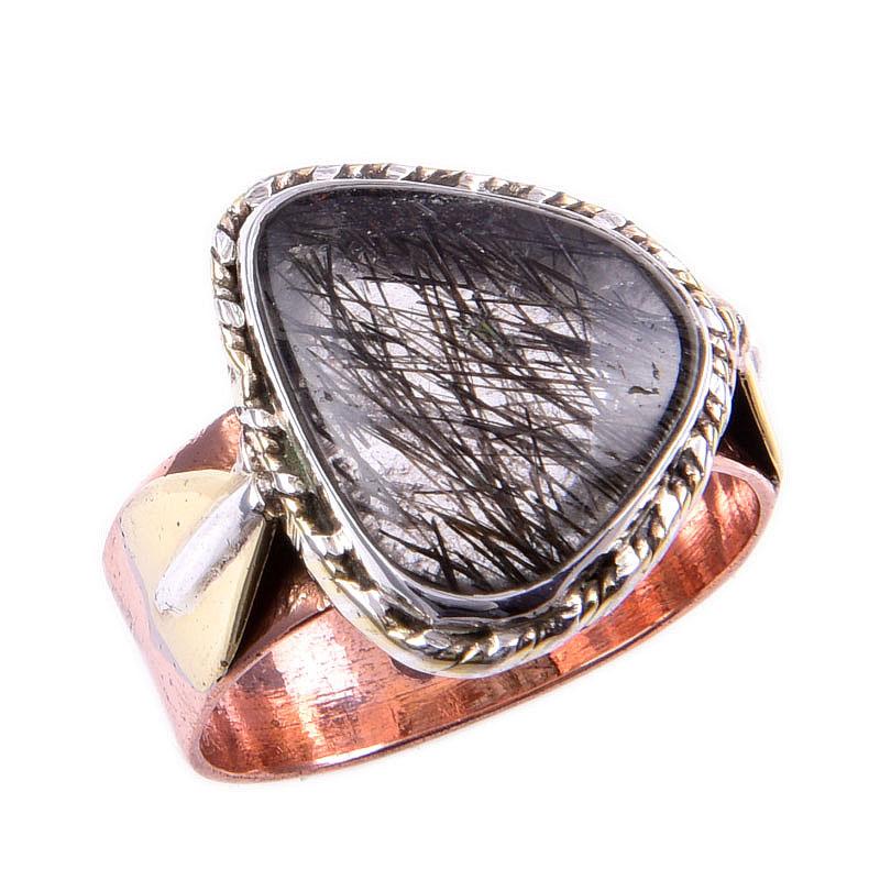 Natural Black Rutile Gemstone 925 Solid Silver Jewelry Two Tone Ring S.8US r8K25