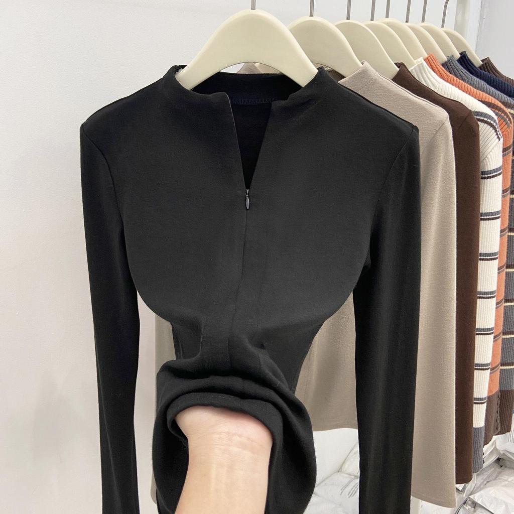 Women's Slim-Fit Yoga Sport Base Layer T-shirt with Half-Zip Collar for Autumn/Winter - Plush, Brushed Long-Sleeve Inner Top