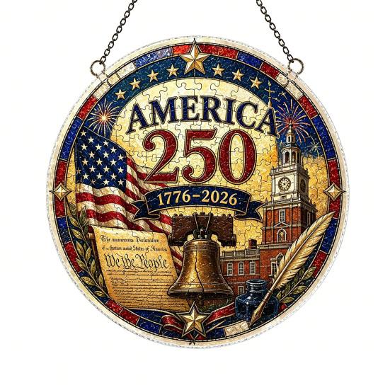 Acrylic Jigsaw Puzzle Suncatcher, US 250th Anniversary DIY Sun Catcher Kit, Stained Glass Style Patriotic Window Hanging Ornament for Independence Day