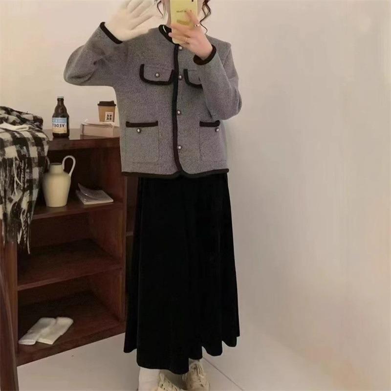 Temperament round neck versatile and thin imitation double-sided coat small autumn and winter cardigan women's trend