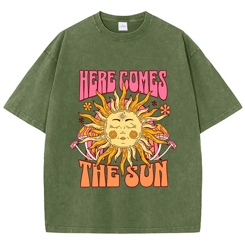 Dámské oversized prané bavlněné tričko s potiskem Here Comes The Sun Ležérní topy s kulatým výstřihem a krátkým rukávem Volné dámské oblečení