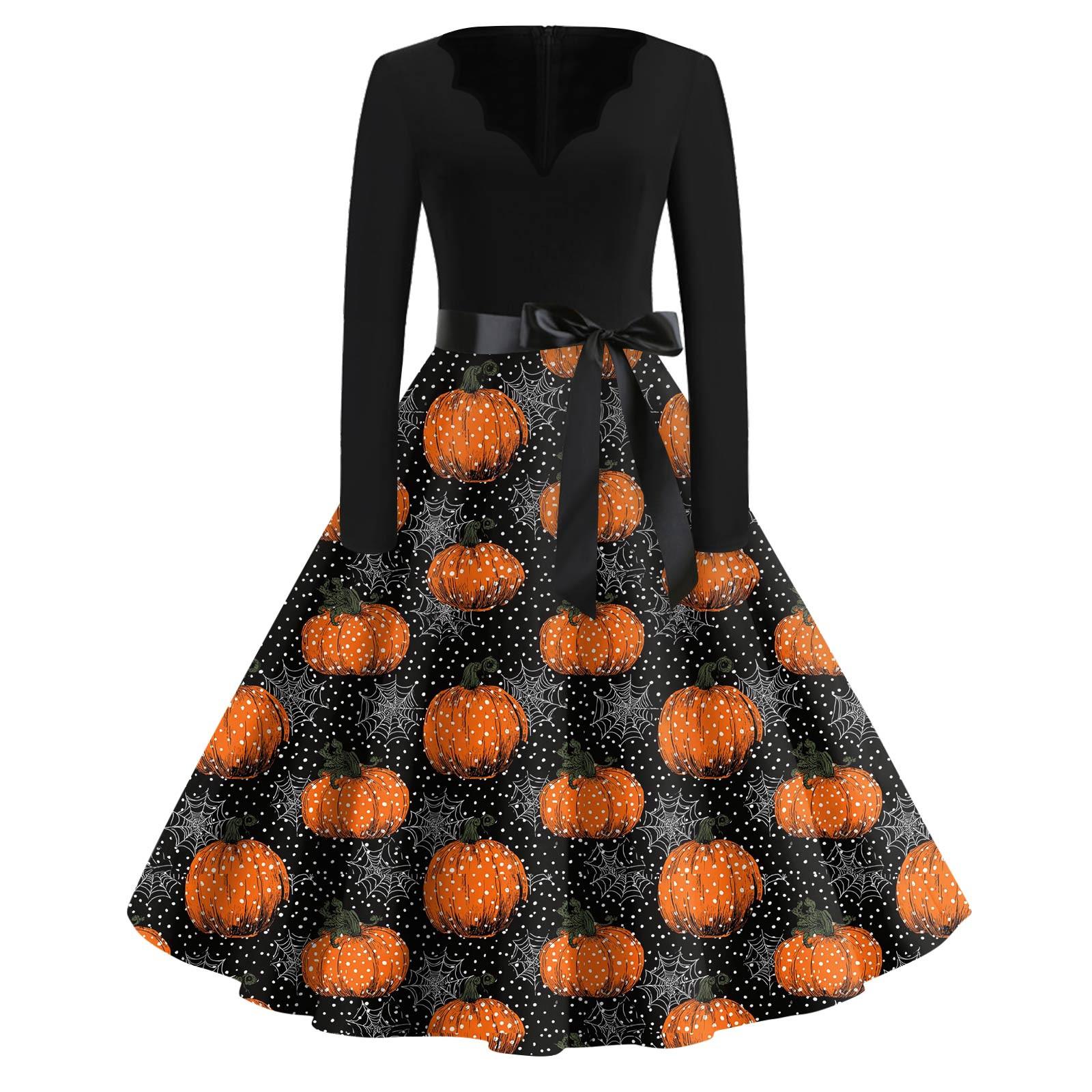 

Женская мода с v-образным вырезом, повседневные тонкие платья с длинными рукавами и принтом на Хэллоуин XXXXL