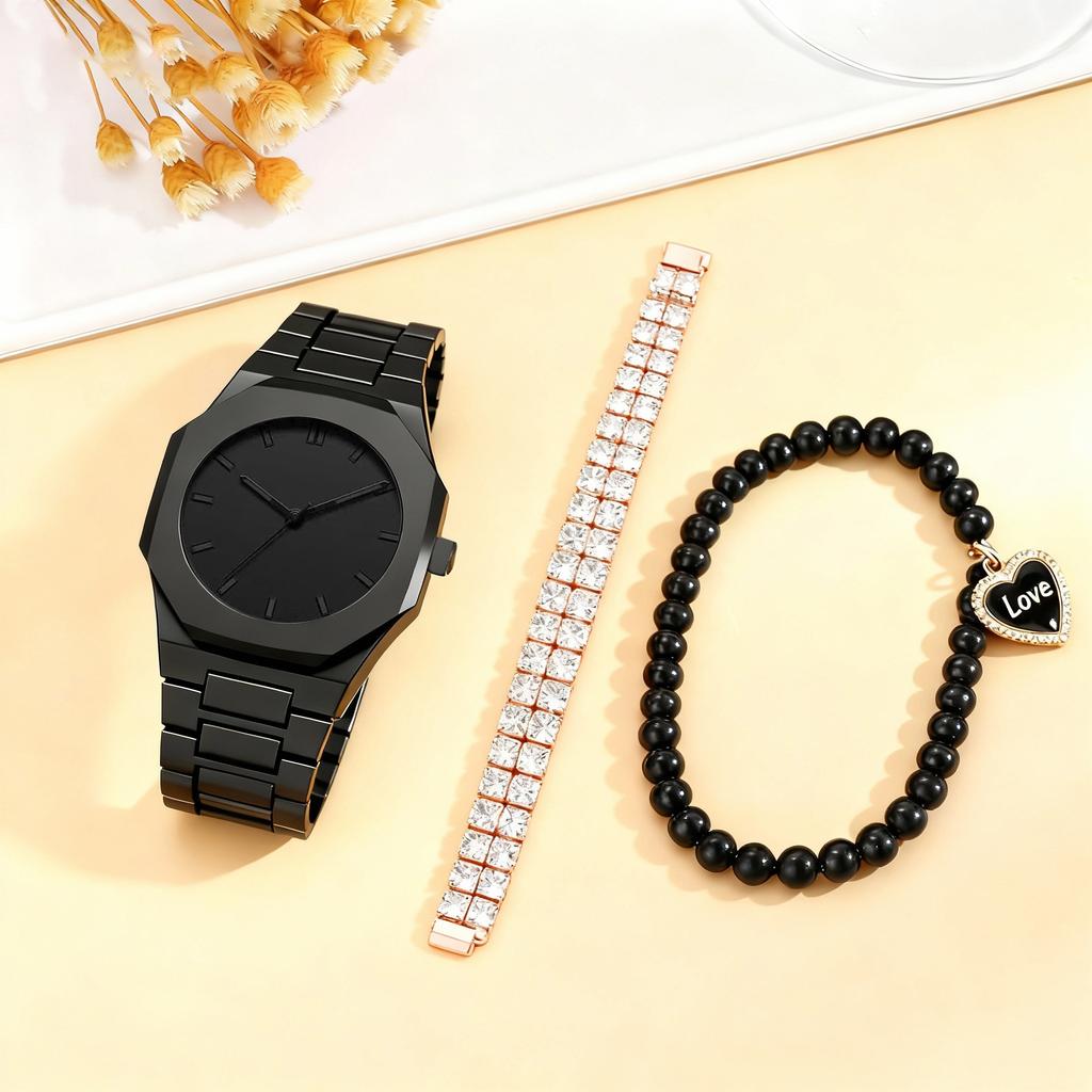 Fashionable simple mysterious Alloy Material Men's quartz watch and bracelet set, suitable for daily wear, Christmas gift