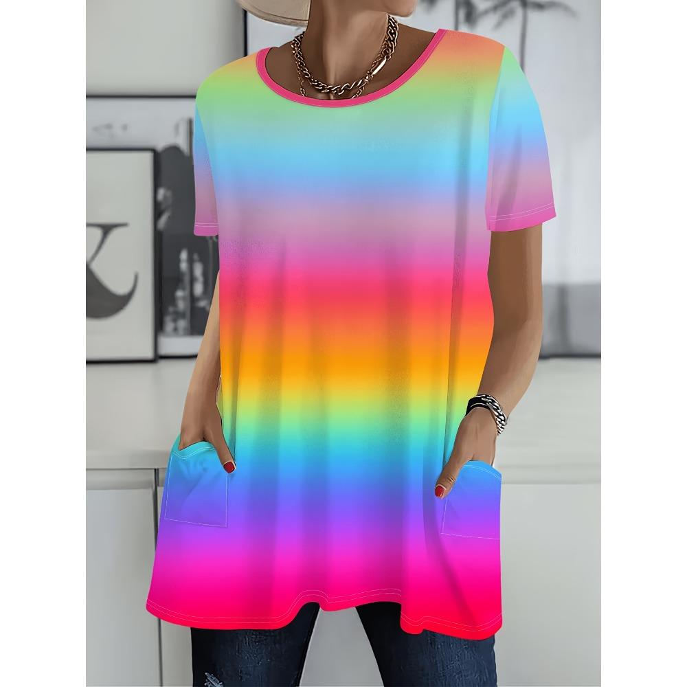 Rainbow Gradient Loose Short-Sleeve T-Shirt, Women's Fashion Casual Top, Multi Color Print Plus Size Trendy Style