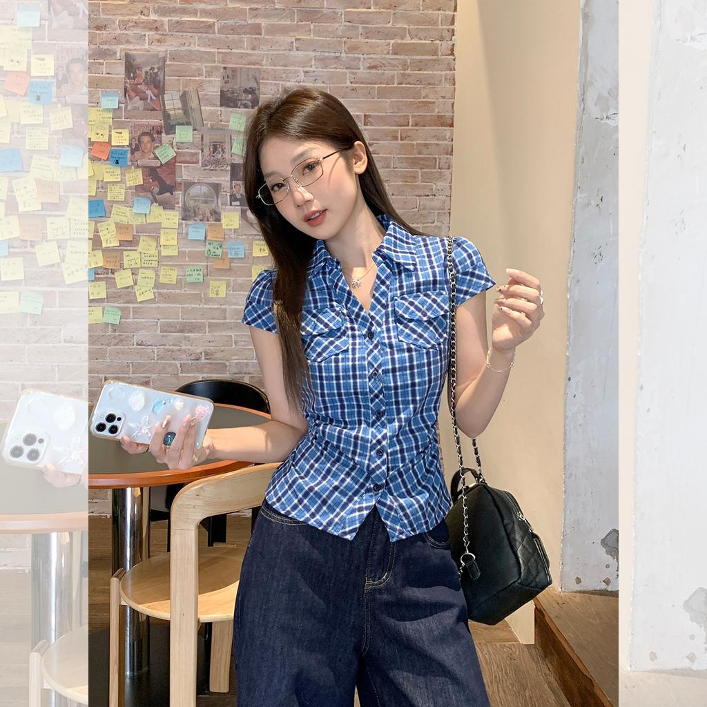 American retro plaid short-sleeved shirt women's summer new pocket waist summer design slim