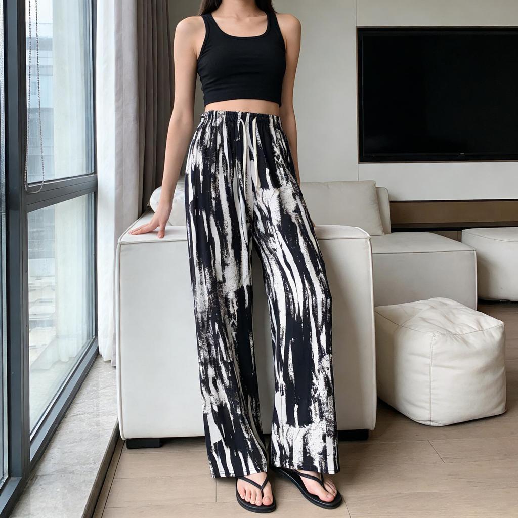 Black & White Striped Wide-Leg High-Waist Summer Pants for Women - Ink Painting Style, Slim Fit, Loose Draped Ice Silk Casual Trousers.